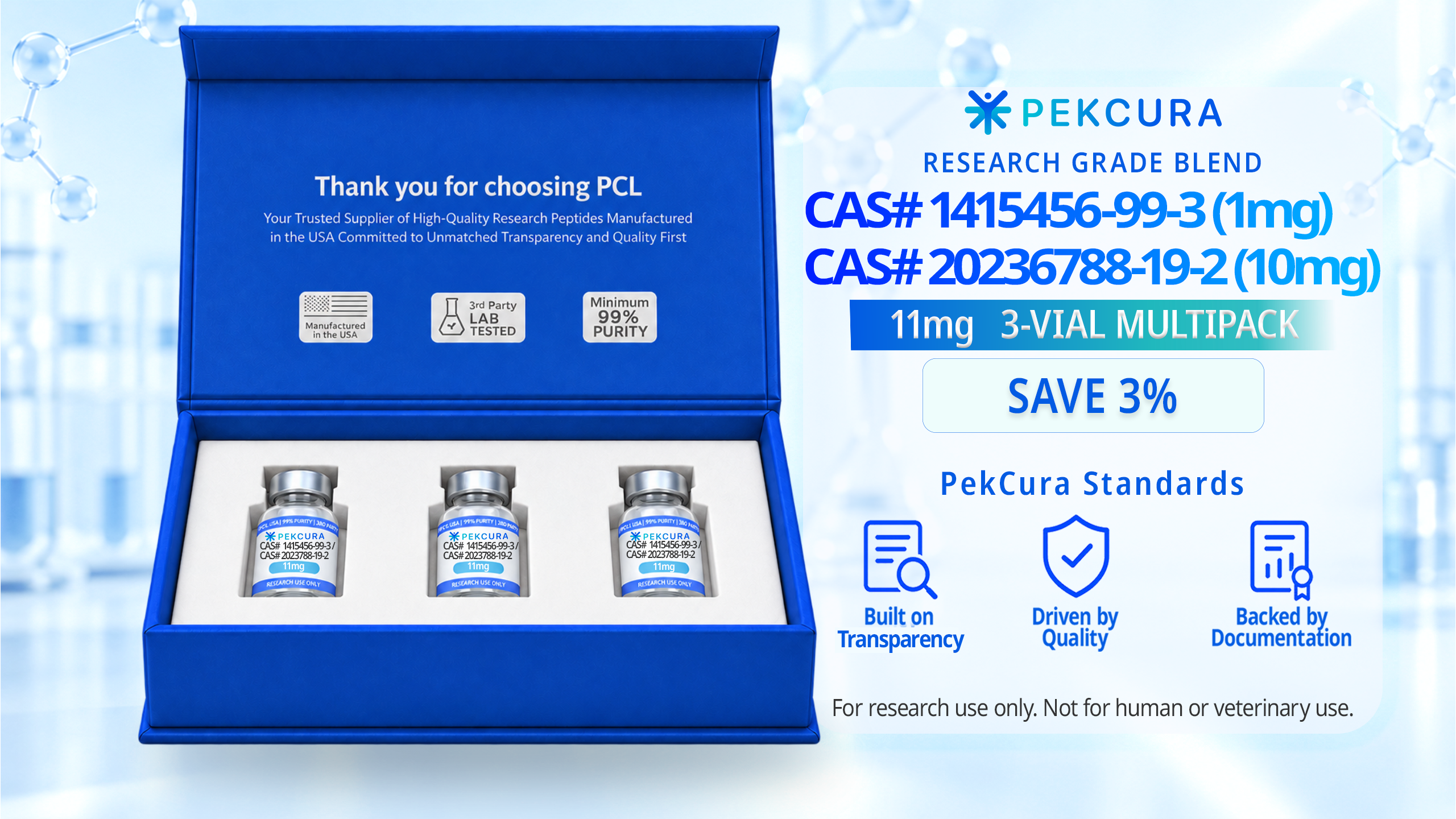 CAS # 415456-99-3 1mg and CAS # 2023788-19-2 10mg research grade peptide blend 3 pack with product label