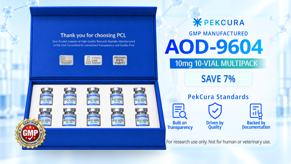 AOD-9604 10mg GMP manufactured research peptide 10 pack with product label