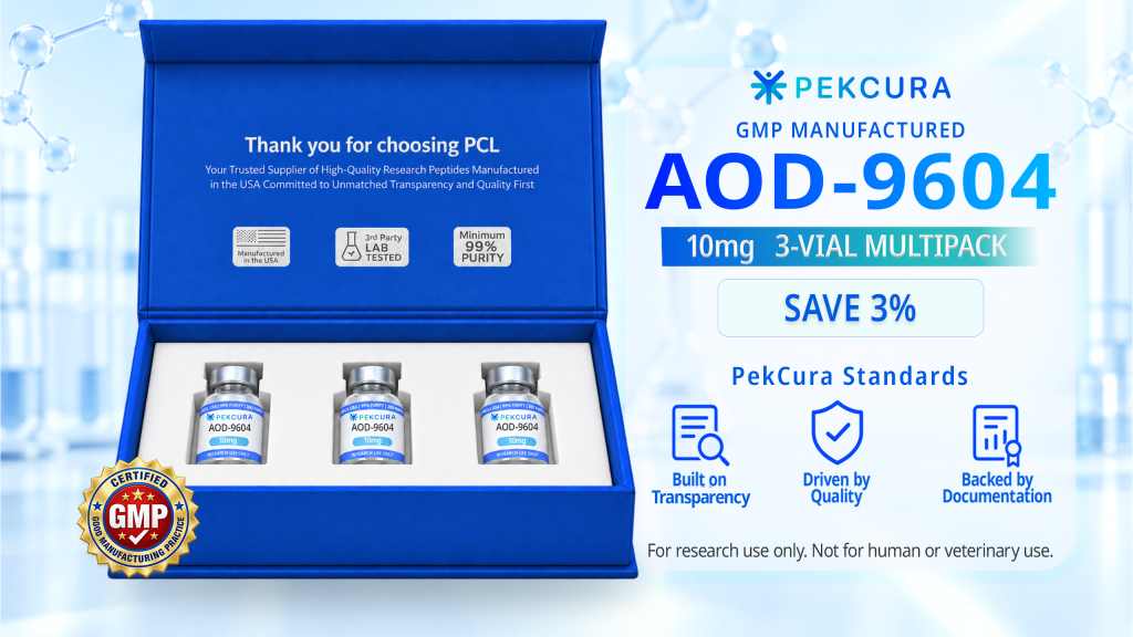 AOD-9604 10mg GMP manufactured research peptide 10 pack with product label