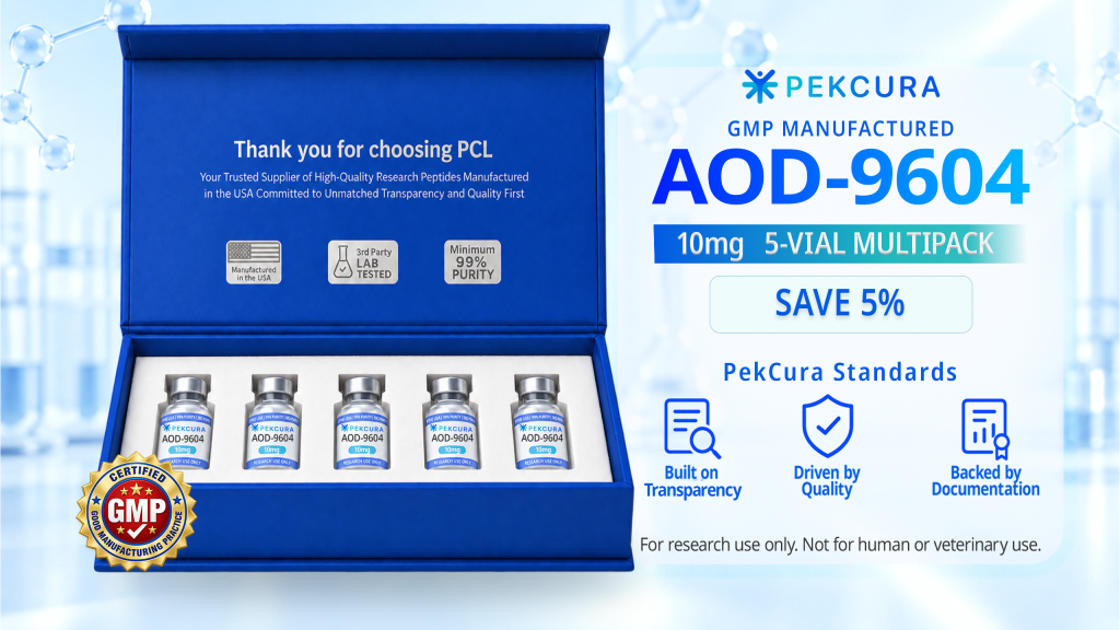 AOD-9604 10mg GMP manufactured research peptide 5 pack with product label