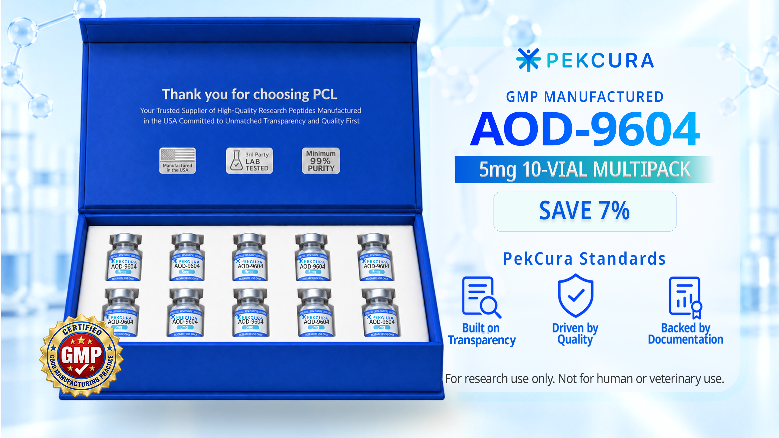 AOD-9604 5mg GMP manufactured research peptide 10 pack with product label