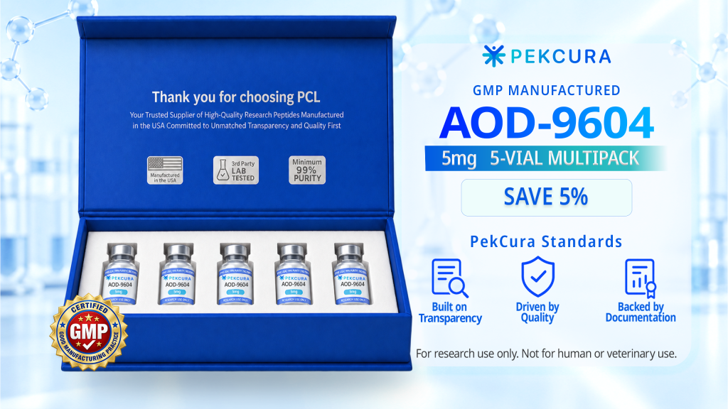 AOD-9604 5mg GMP manufactured research peptide 5 pack with product label
