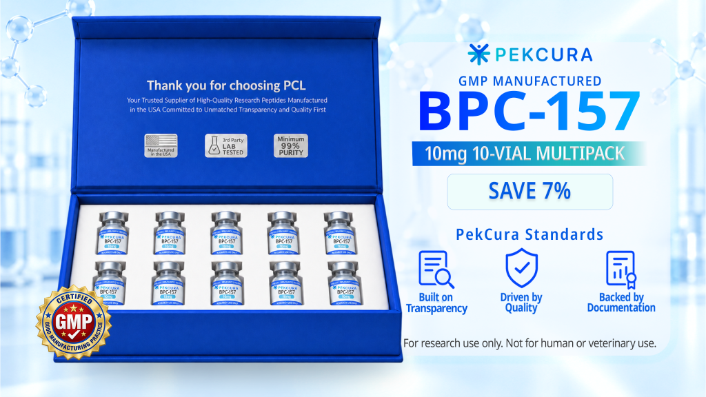 BPC-157 10mg GMP manufactured research peptide 10 pack with product label