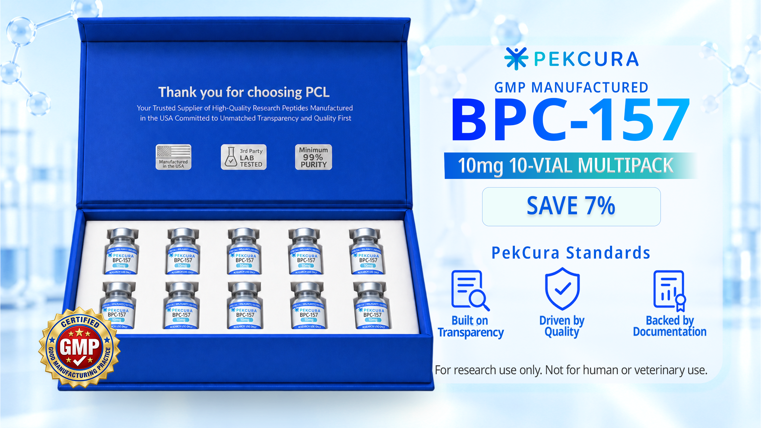 BPC-157 10mg GMP manufactured research peptide 10 pack with product label