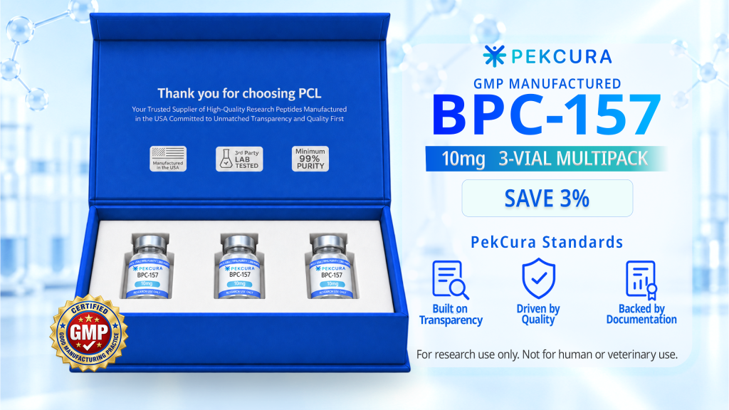 BPC-157 10mg GMP manufactured research peptide 3 pack with product label