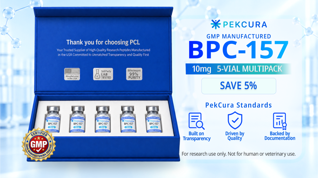 BPC-157 10mg GMP manufactured research peptide 5 pack with product label