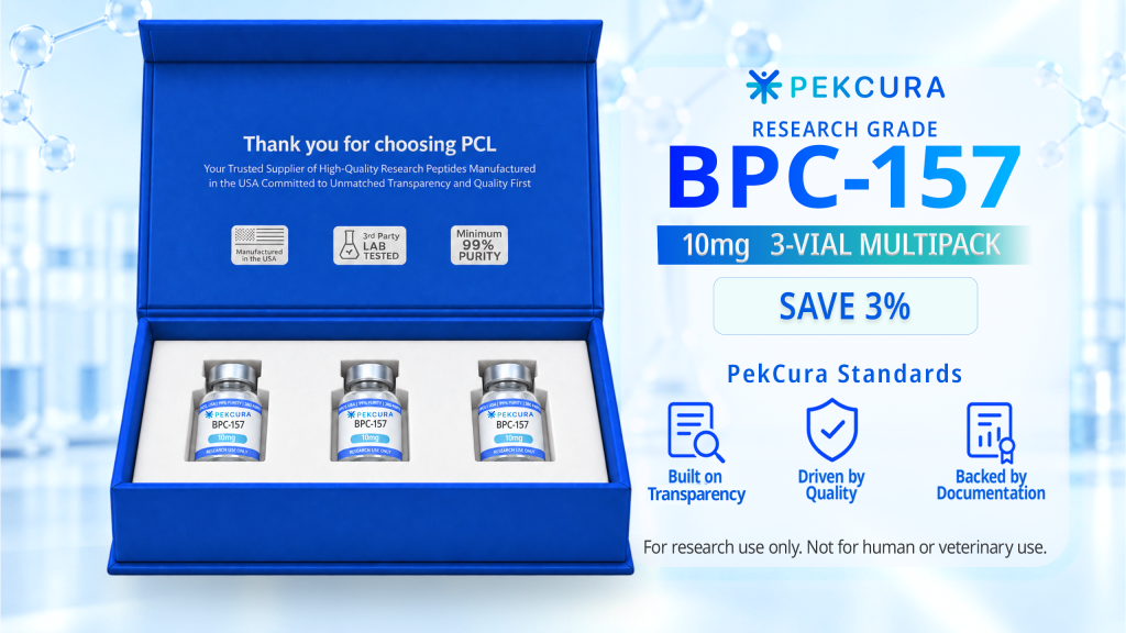 BPC-157 10mg research peptide 3 pack with product label