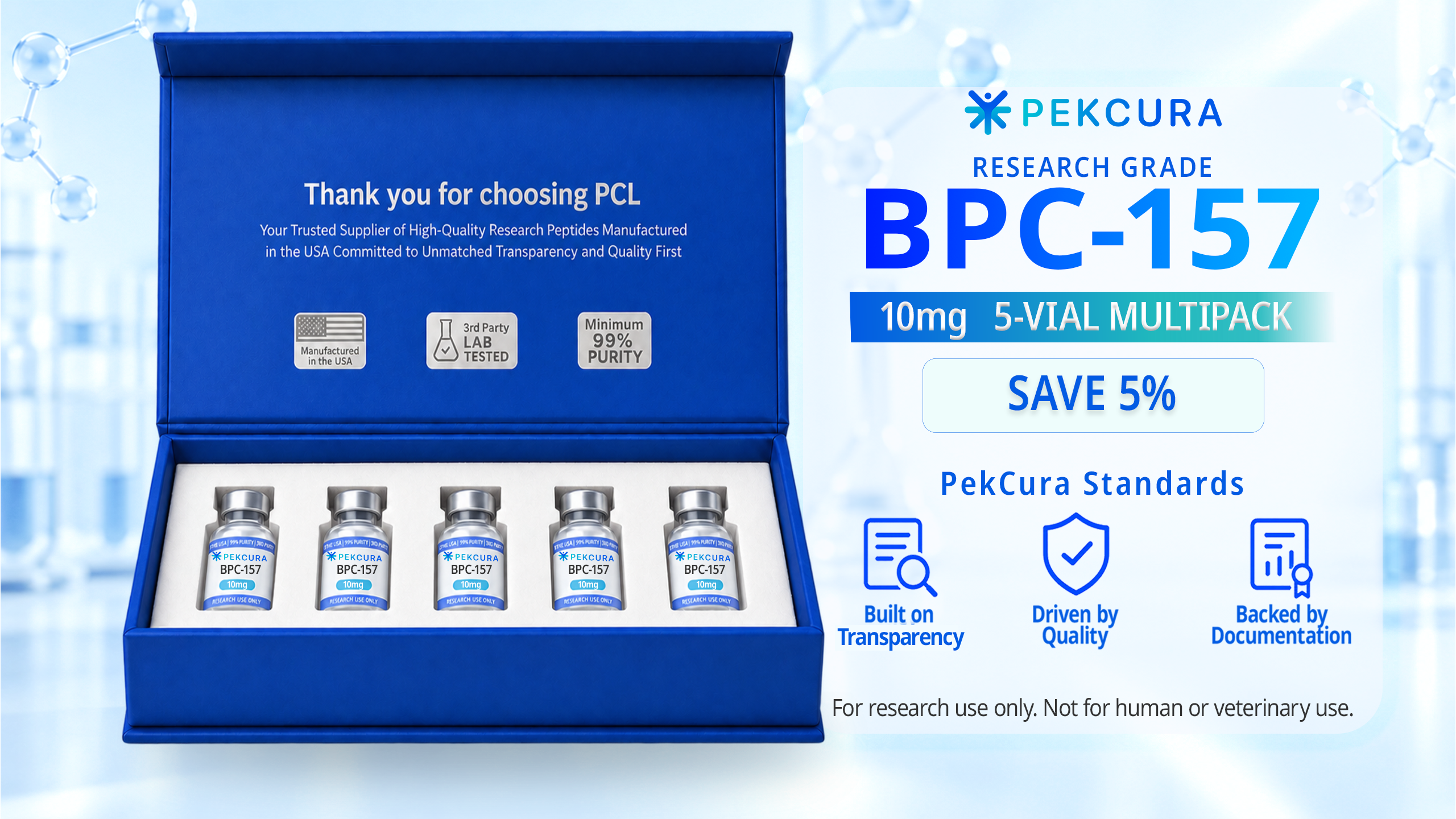 BPC-157 10mg research peptide 5 pack with product label
