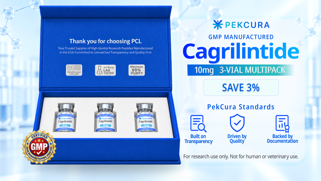 Cagrilintide 10mg GMP manufactured research peptide 3 pack with product label