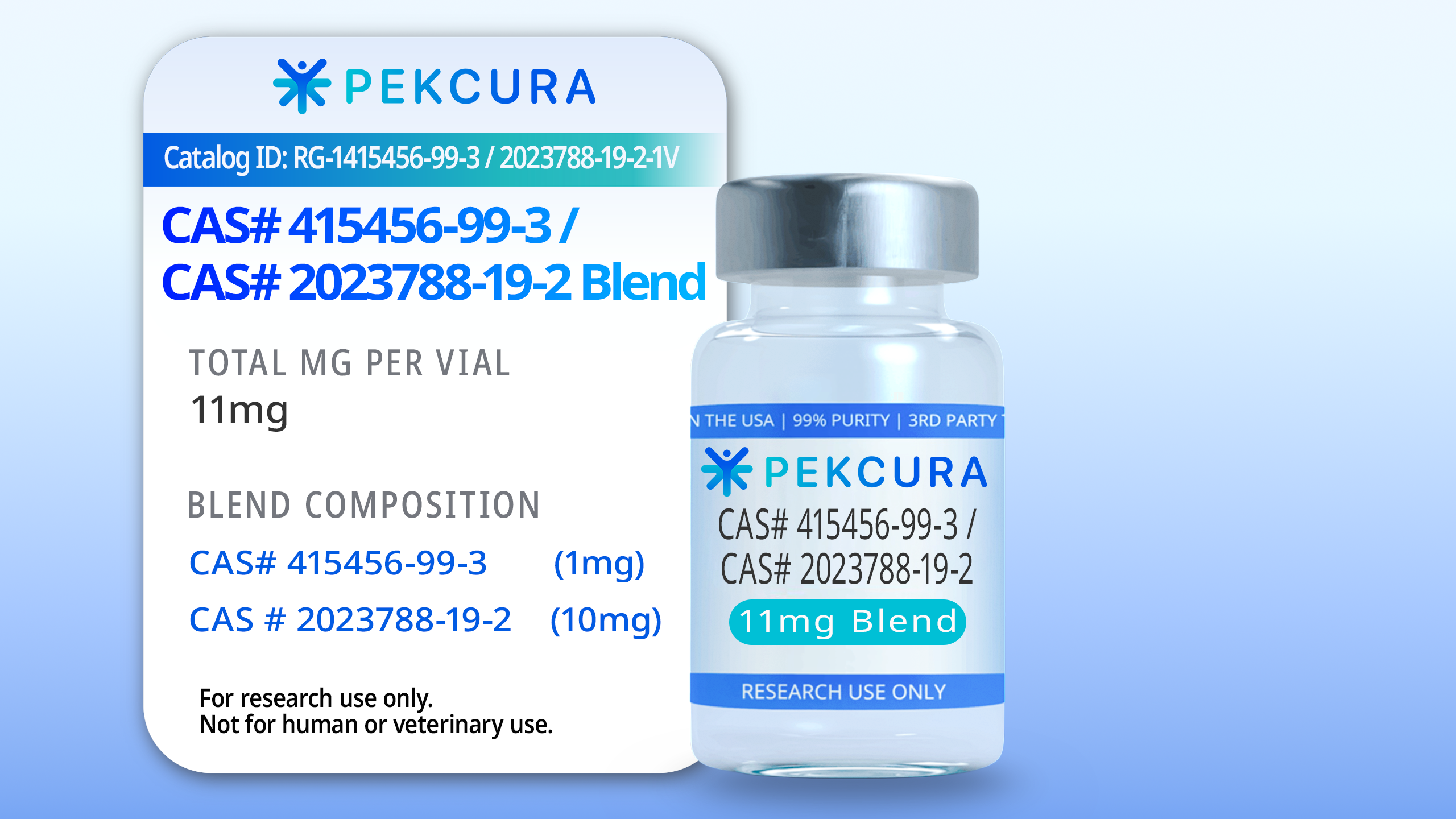 CAS # 415456-99-3 1mg and CAS # 2023788-19-2 10mg research grade peptide blend vial with product label