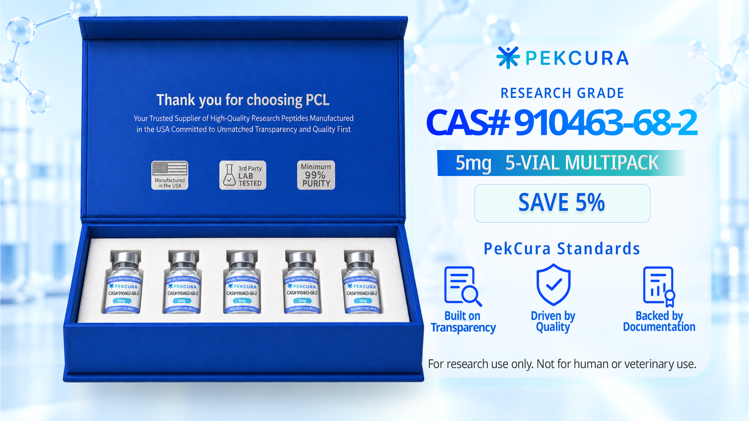 CAS # 910463-68-2 5mg research grade peptide 5 pack with product label