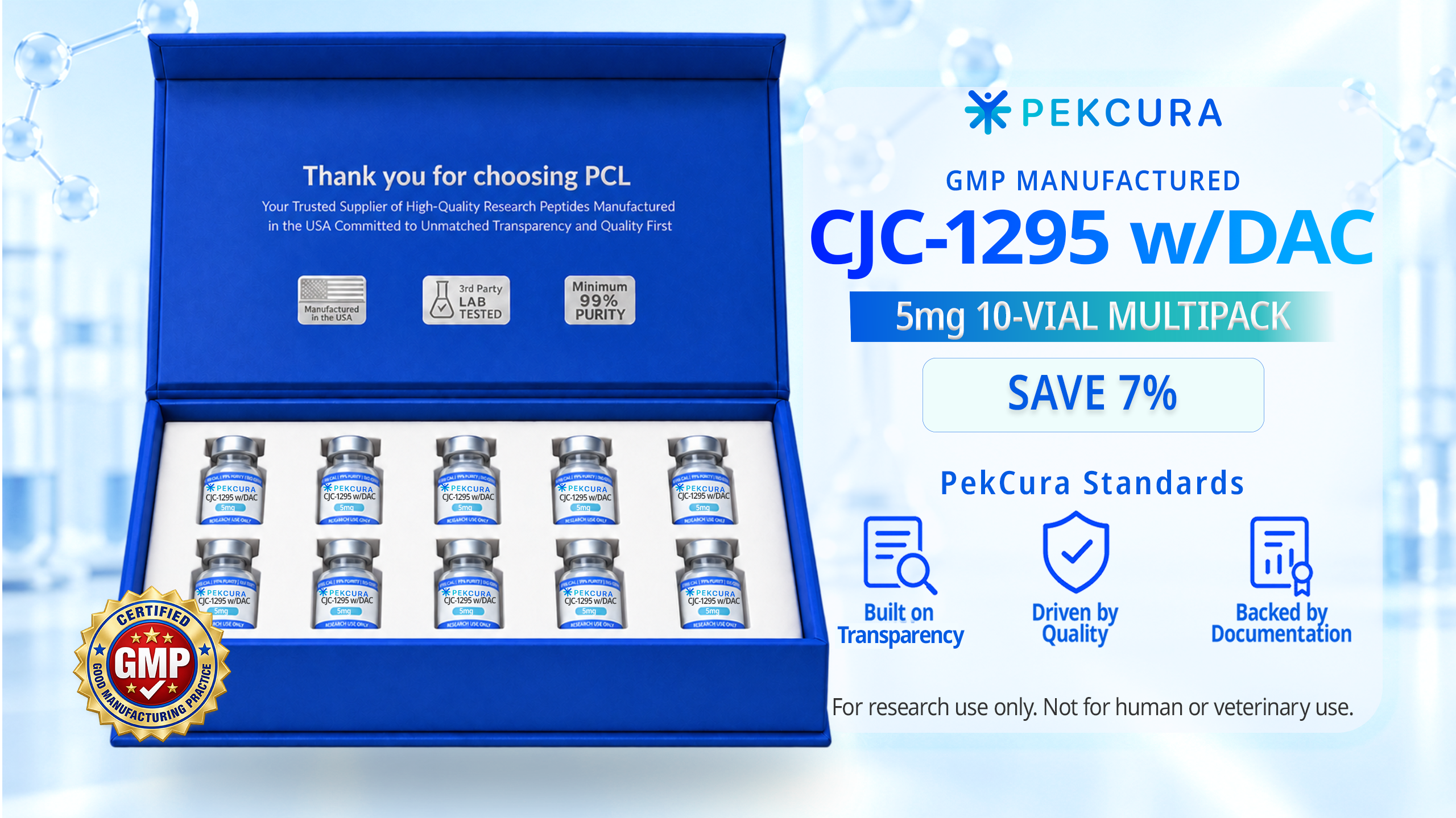 CJC-1295 with DAC 5mg GMP manufactured research peptide 10 pack with product label