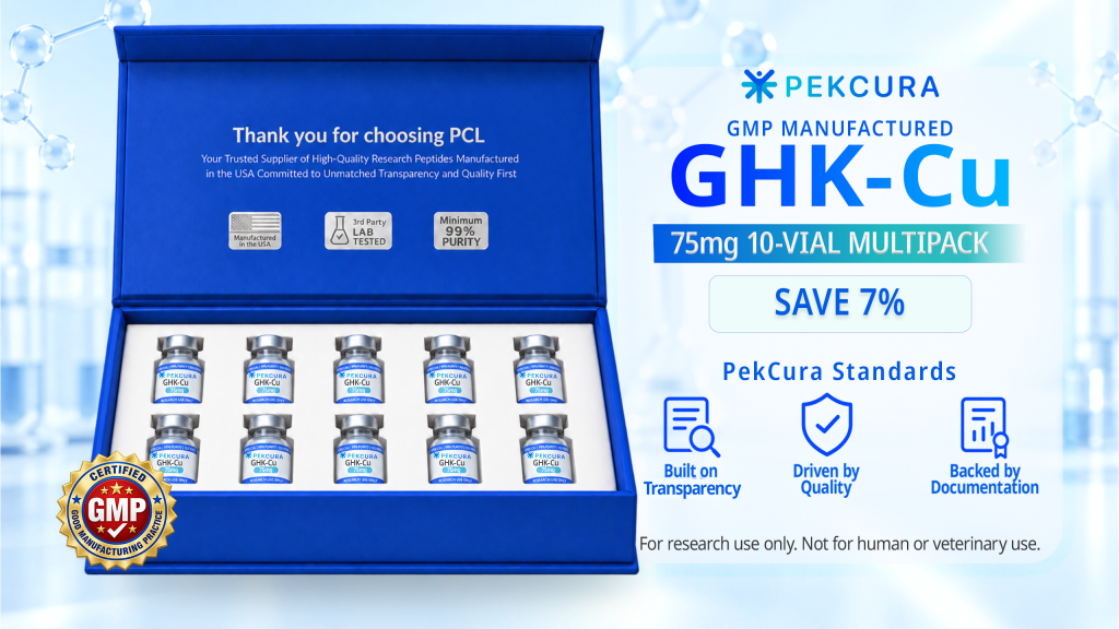 GHK-Cu 75mg GMP manufactured research peptide 10 pack with product label