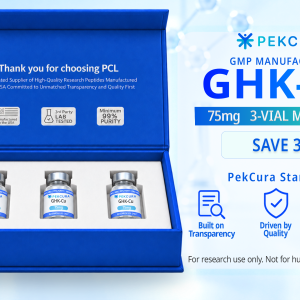 GHK-Cu 75mg GMP manufactured research peptide 3 pack with product label