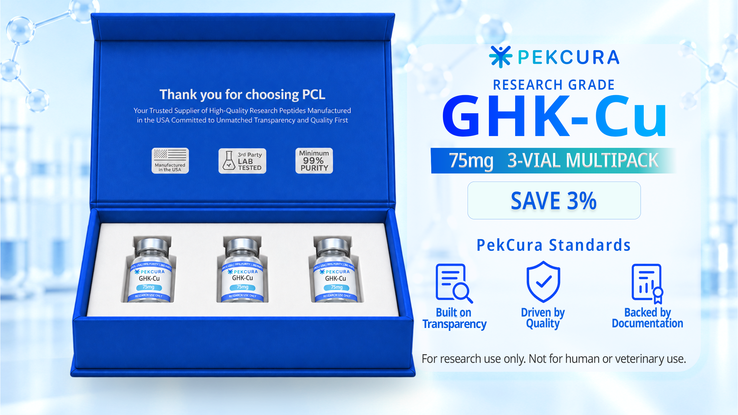 GHK-Cu 75mg research peptide multi pack 3 vials with product label