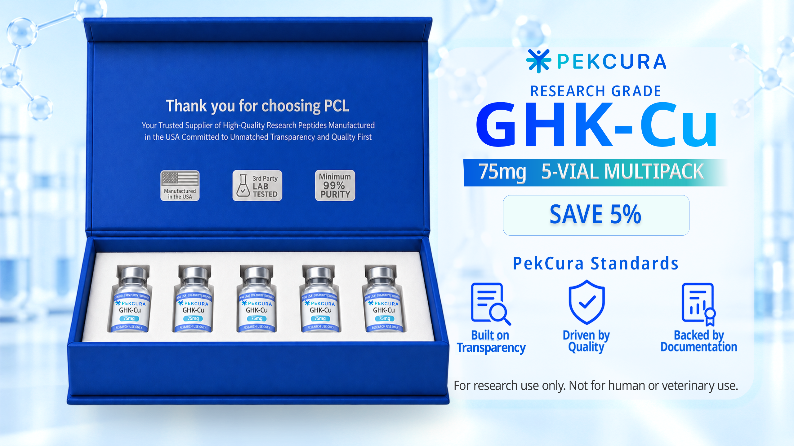 GHK-Cu 75mg research peptide 5 pack with product label