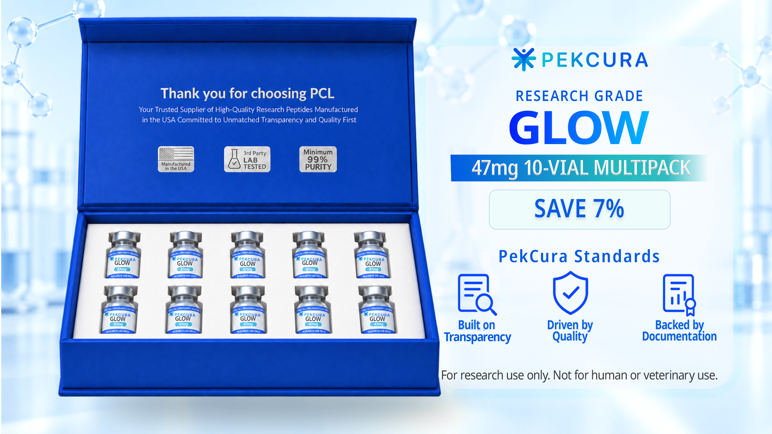GLOW 47mg research grade peptide blend 10 pack with product label