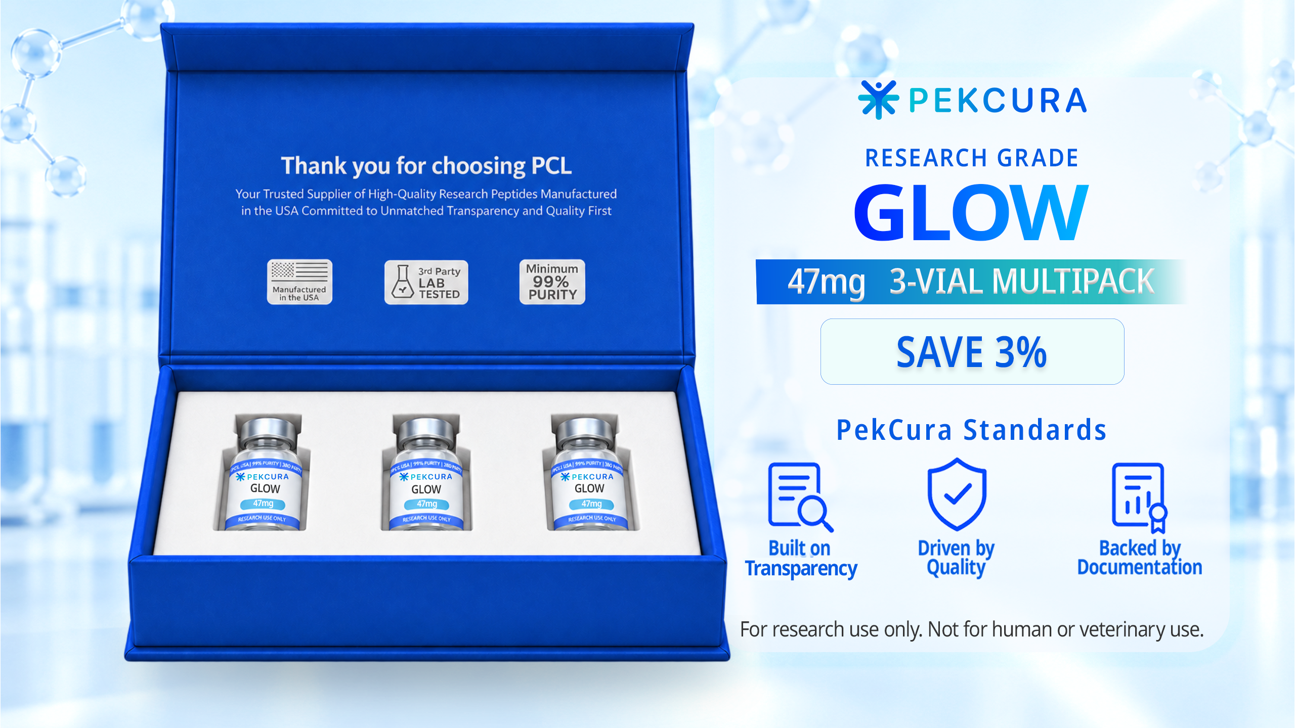 GLOW 47mg research grade peptide blend 3 pack with product label