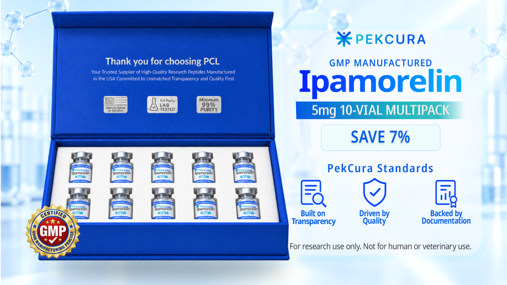 Ipamorelin 5mg GMP manufactured research peptide 10 pack with product label
