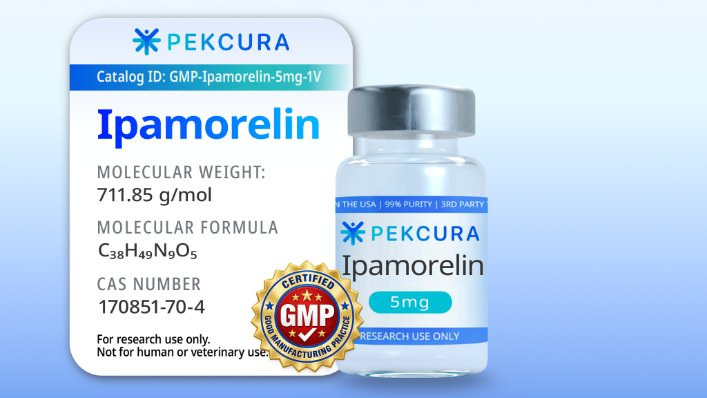 Ipamorelin 5mg GMP manufactured peptide vial with product label
