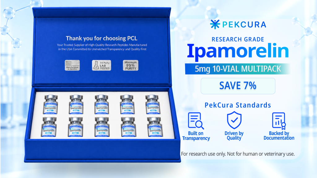 Ipamorelin 5mg research peptide 10 pack with product label