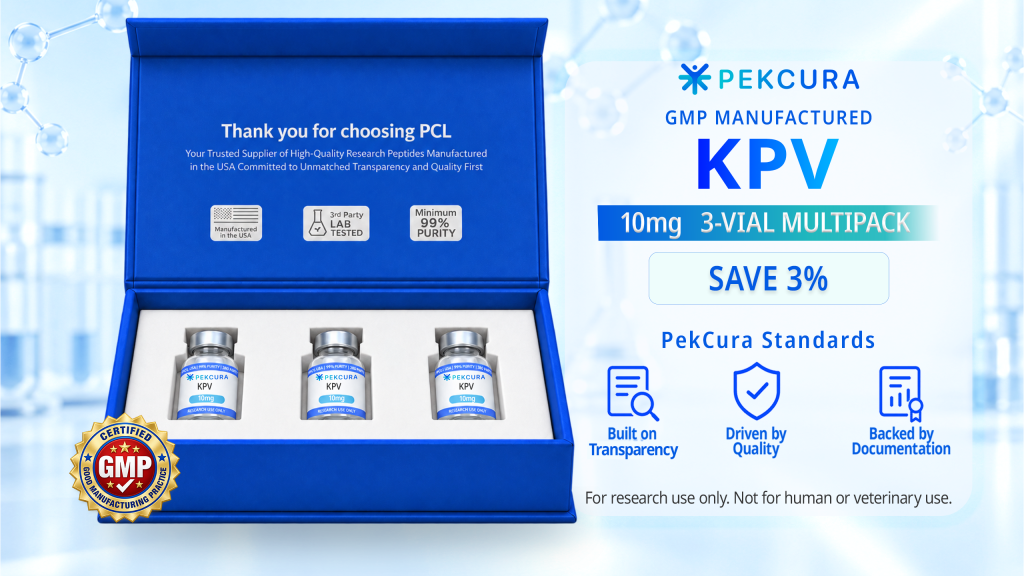 KPV 10mg GMP manufactured research peptide 3 pack with product label