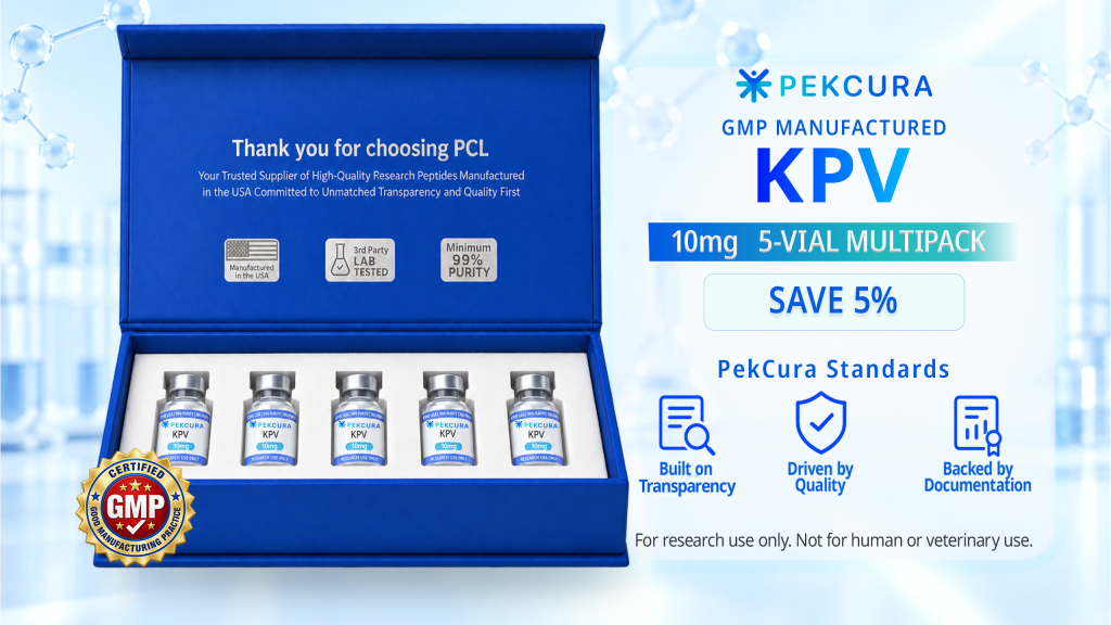KPV 10mg GMP manufactured research peptide 5 pack with product label