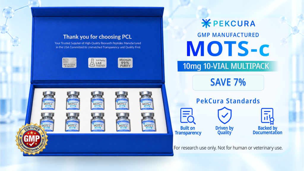 MOTS-c 10mg GMP manufactured research peptide 10 pack with product label
