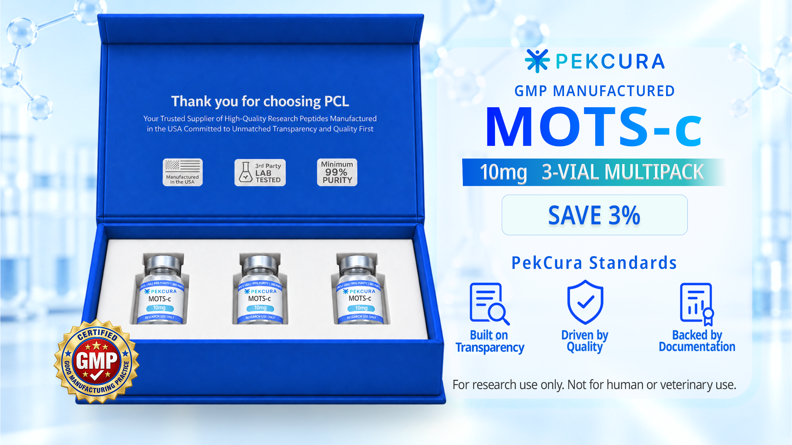 MOTS-c 10mg GMP manufactured research peptide 3 pack with product label