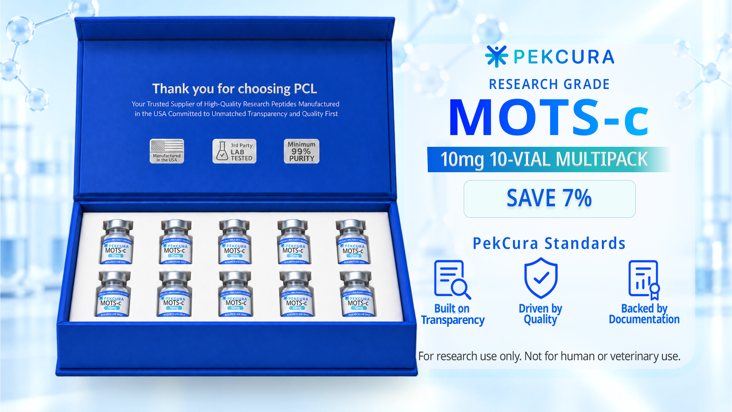 MOTS-c 10mg research peptide 10 pack with product label