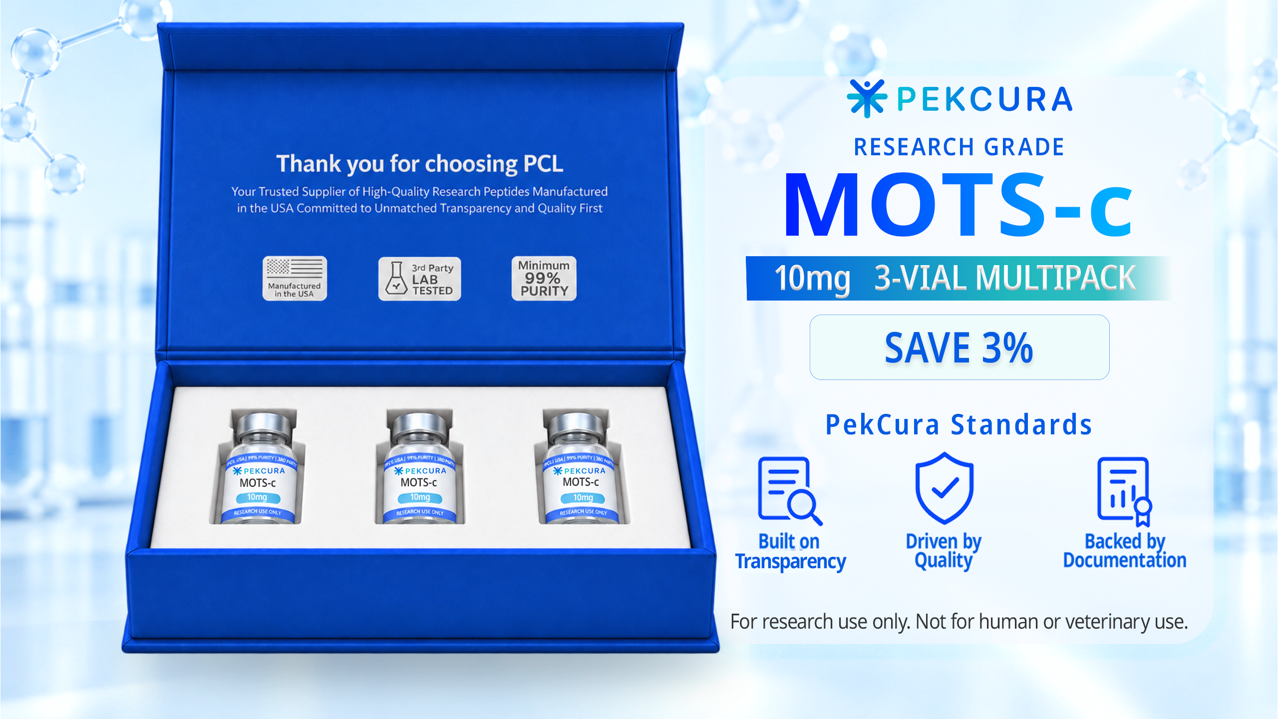 MOTS-c 10mg research peptide 3 pack with product label