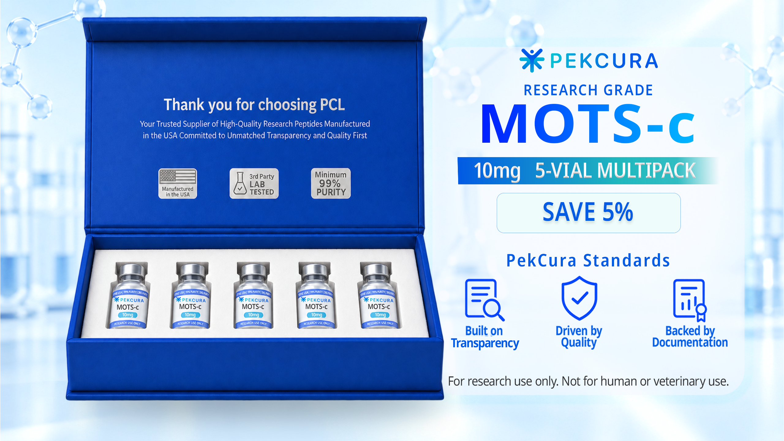 MOTS-c 10mg research peptide 5 pack with product label