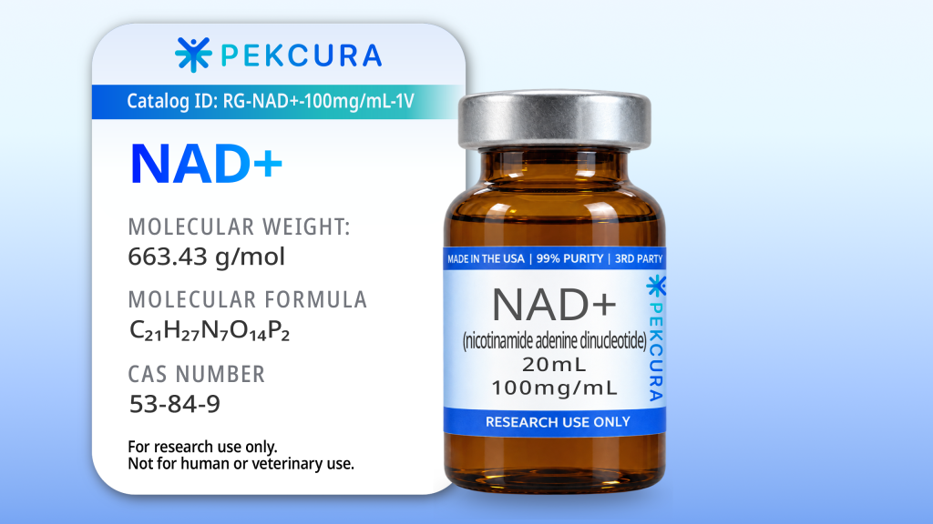 NAD+ 100mg/mL research grade buffered liquid solution in a 20mL amber colored vial with product label.