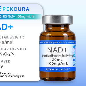 NAD+ 100mg/mL research grade buffered liquid solution in a 20mL amber colored vial with product label.