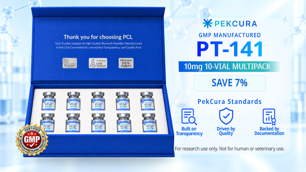 PT-141 10mg GMP manufactured research peptide 10 pack with product label