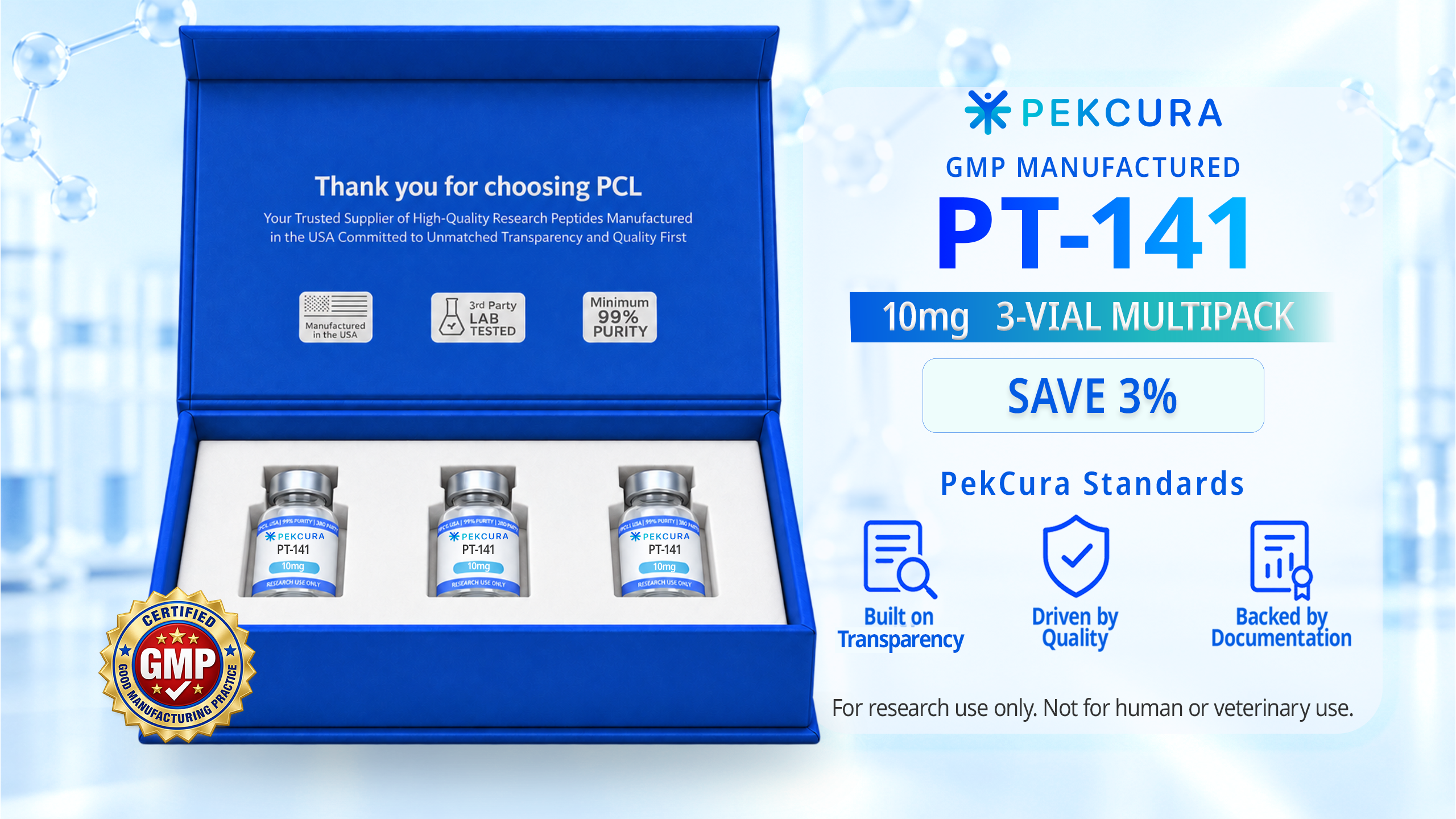PT-141 10mg GMP manufactured research peptide 3 pack with product label