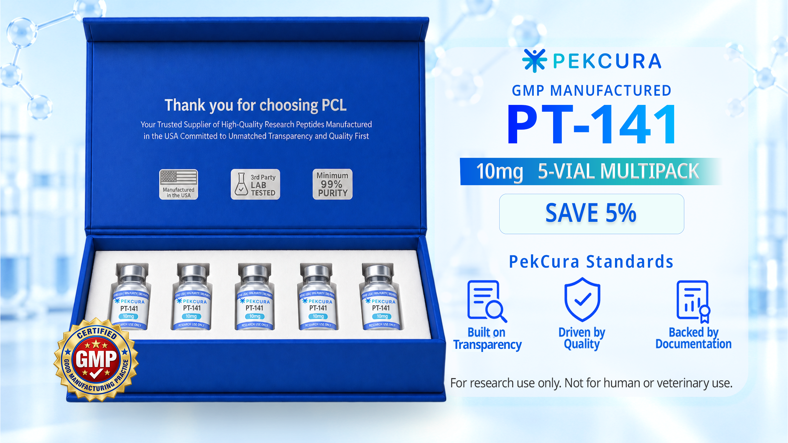 PT-141 10mg GMP manufactured research peptide 5 pack with product label