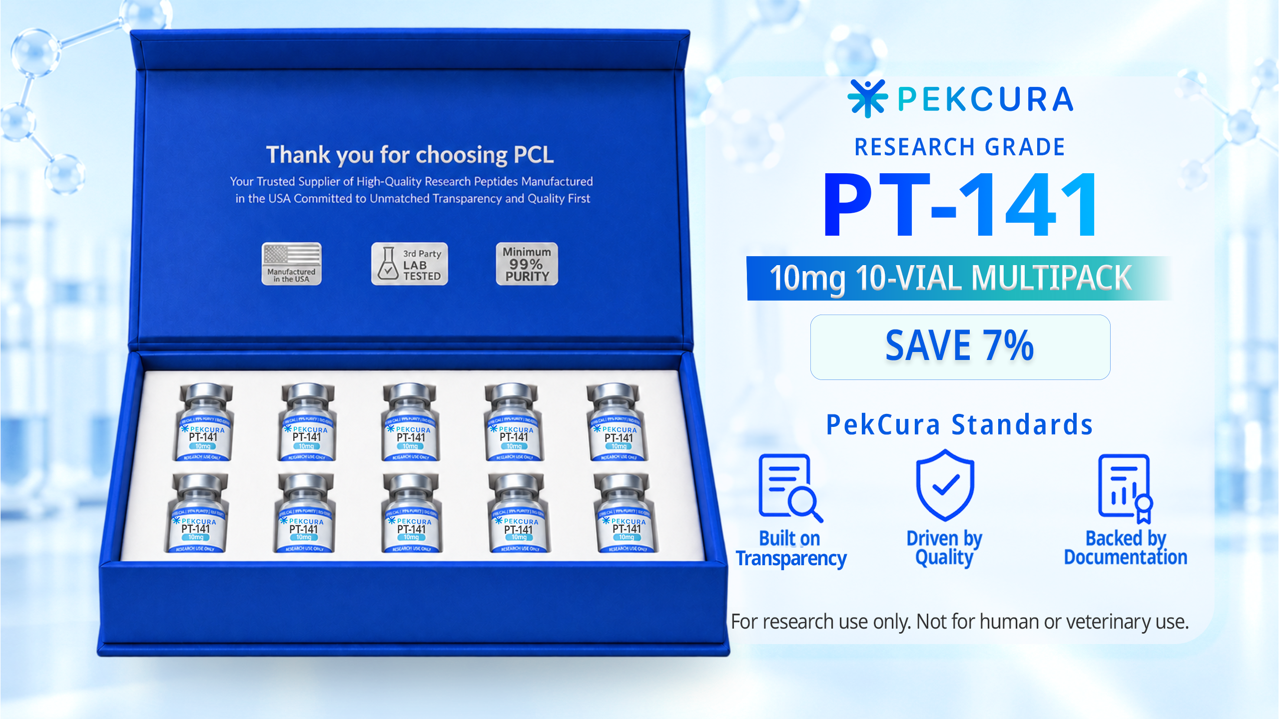 PT-141 10mg research peptide 10 pack with product label
