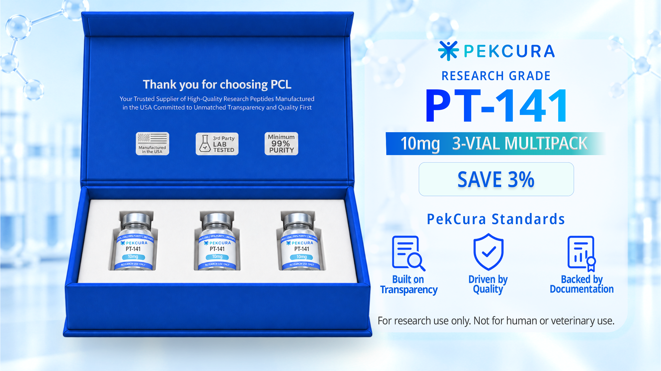 PT-141 10mg research peptide 3 pack with product label