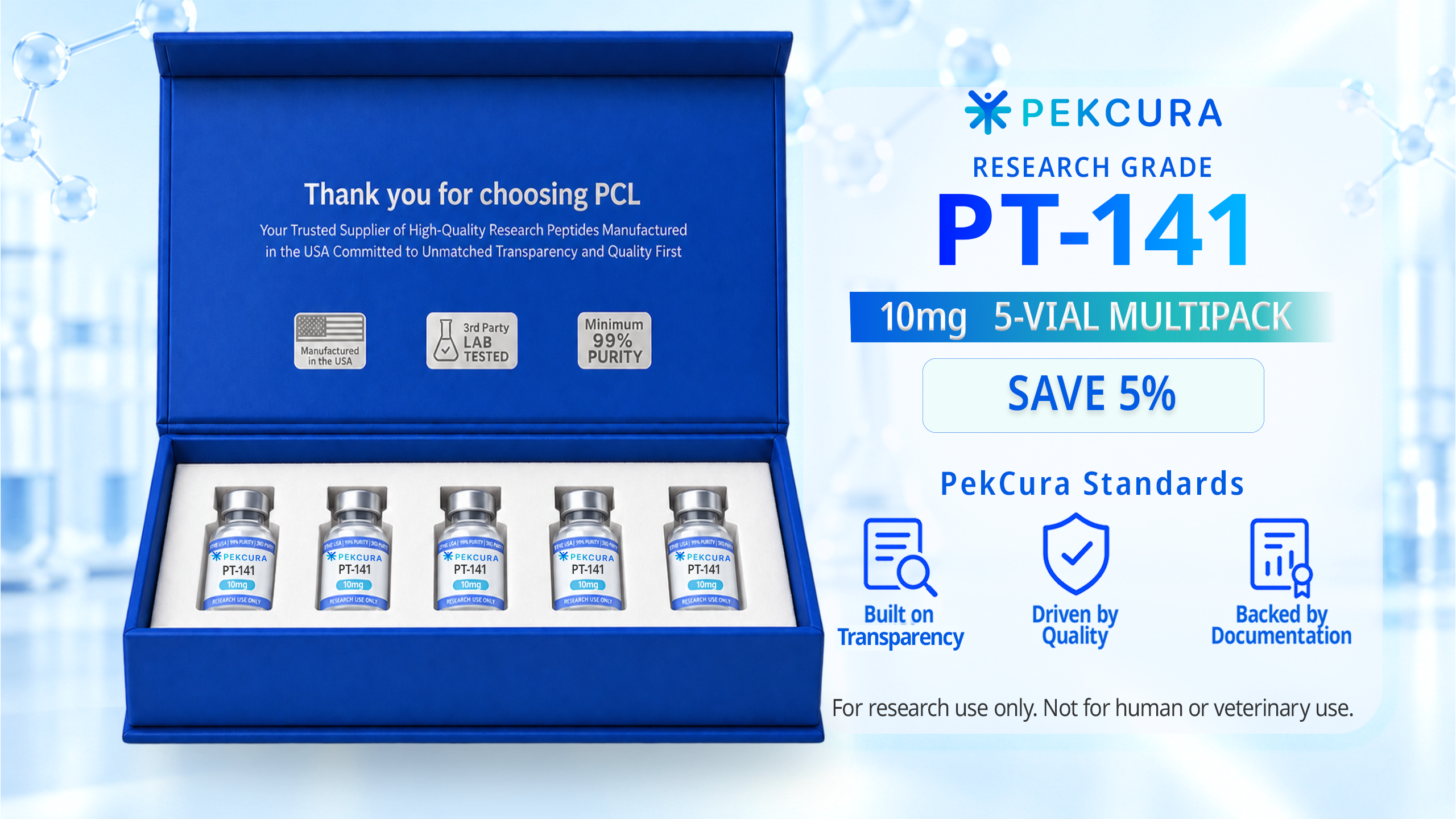 PT-141 10mg research peptide 5 pack with product label