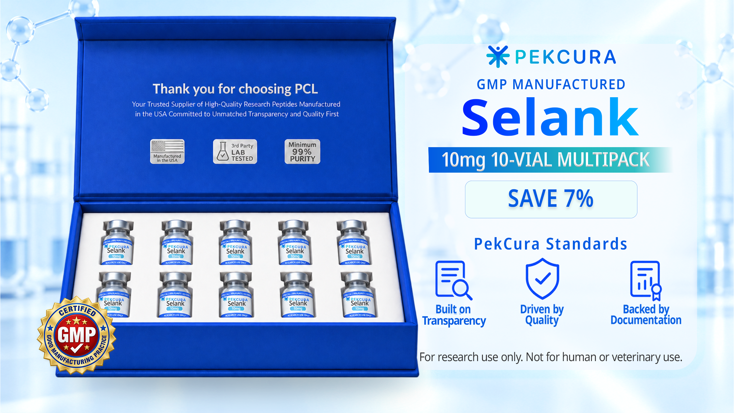 Selank 10mg GMP manufactured research peptide 10 pack with product label