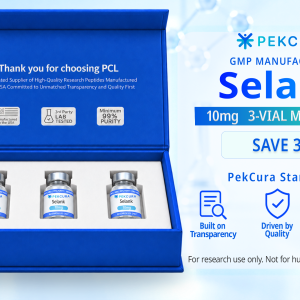 Selank 10mg GMP manufactured research peptide 3 pack with product label