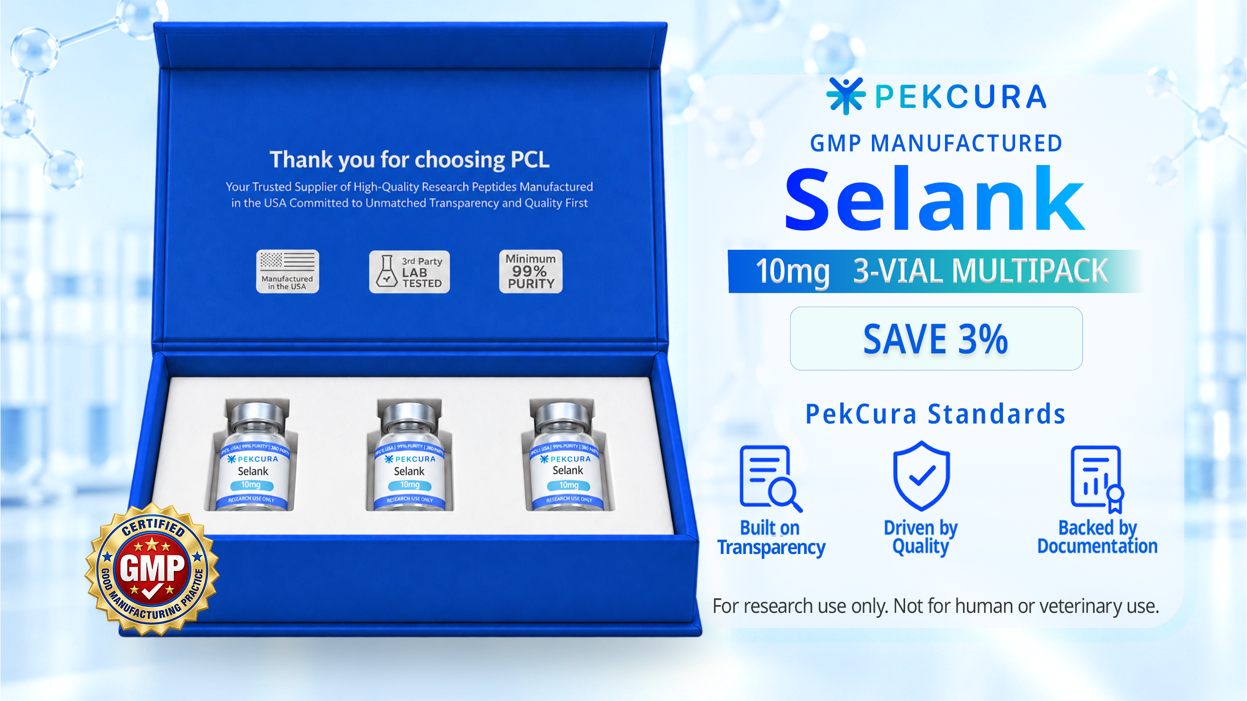 Selank 10mg GMP manufactured research peptide 3 pack with product label