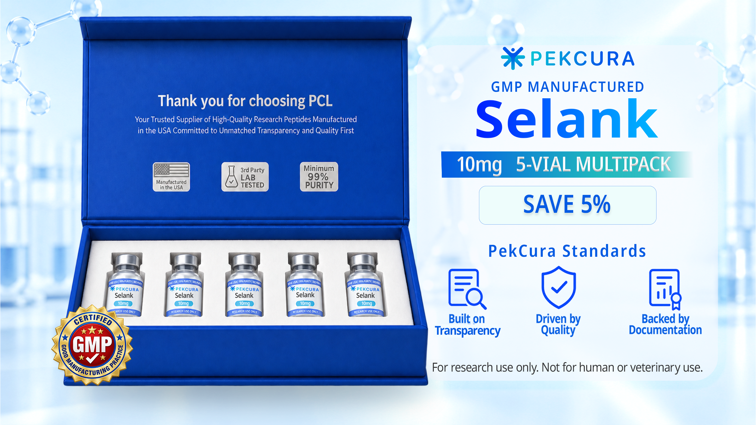 Selank 10mg GMP manufactured research peptide 5 pack with product label