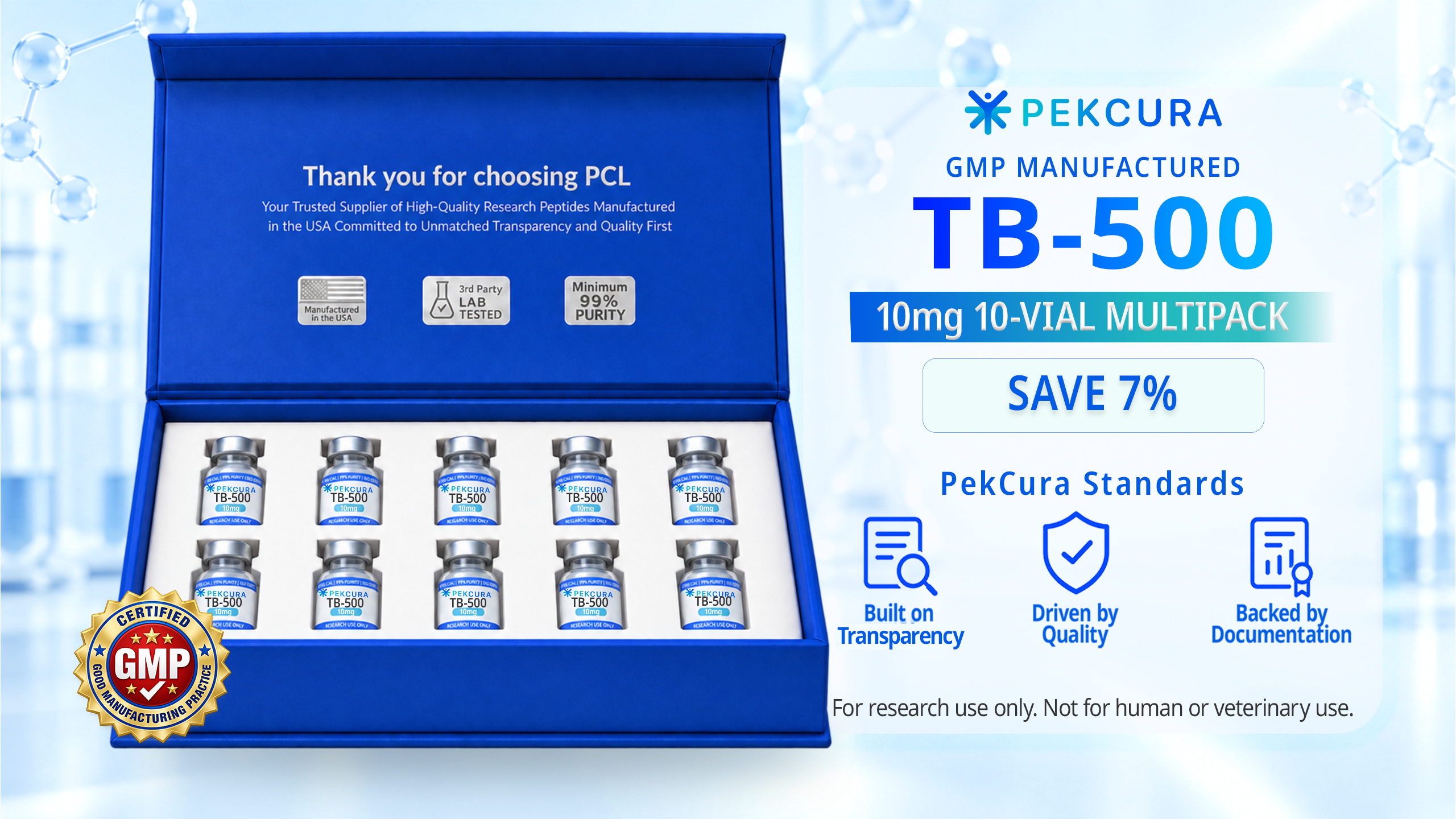 TB-500 10mg GMP manufactured research peptide 10 pack with product label
