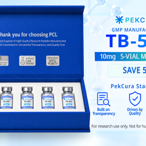 TB-500 10mg GMP manufactured research peptide 5 pack with product label