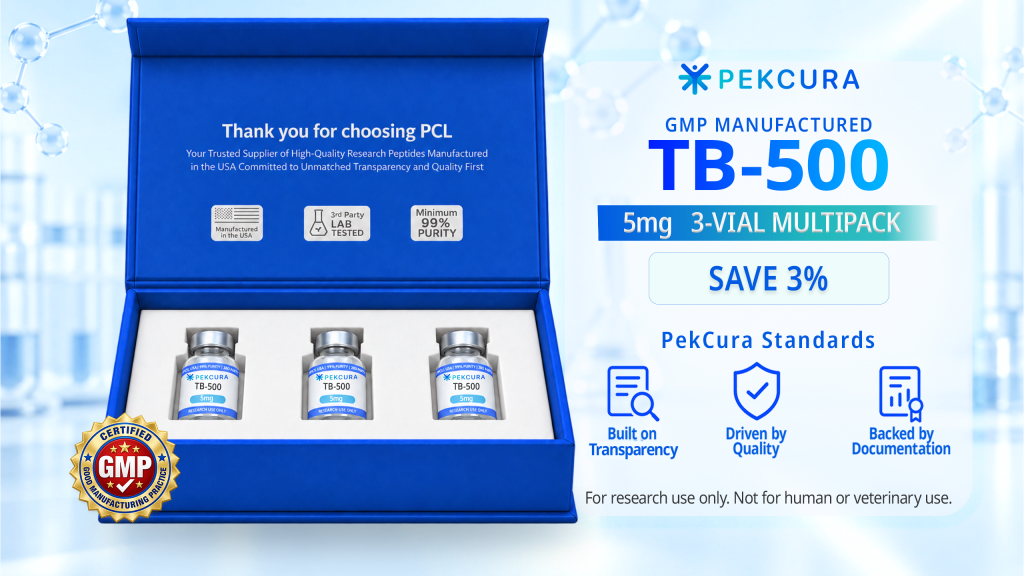TB-500 5mg GMP manufactured research peptide 3 pack with product label
