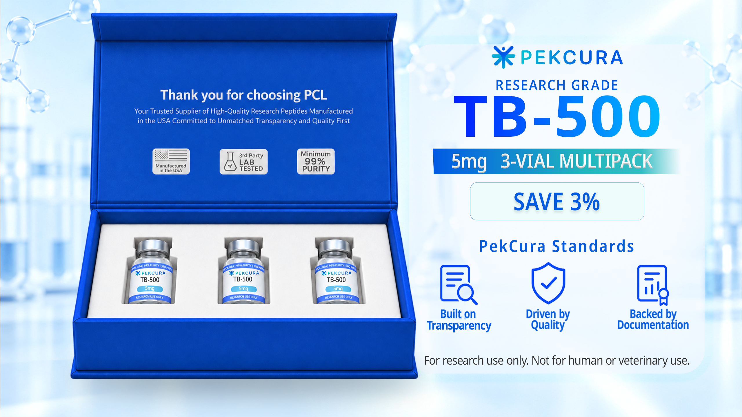 TB-500 5mg research peptide 3 pack with product label