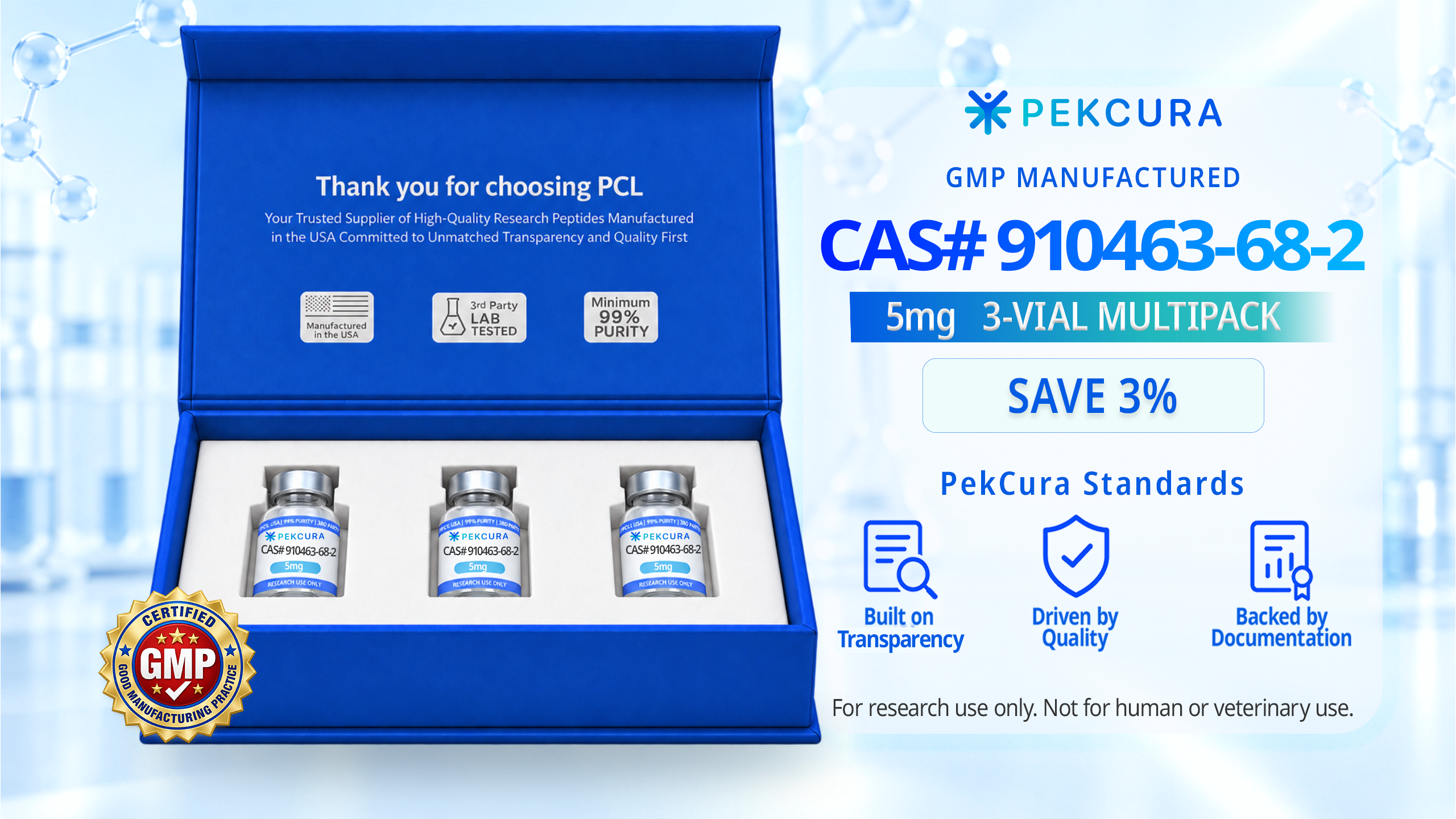 CAS # 910463-68-2 5mg GMP manufactured research peptide 3 pack with product label