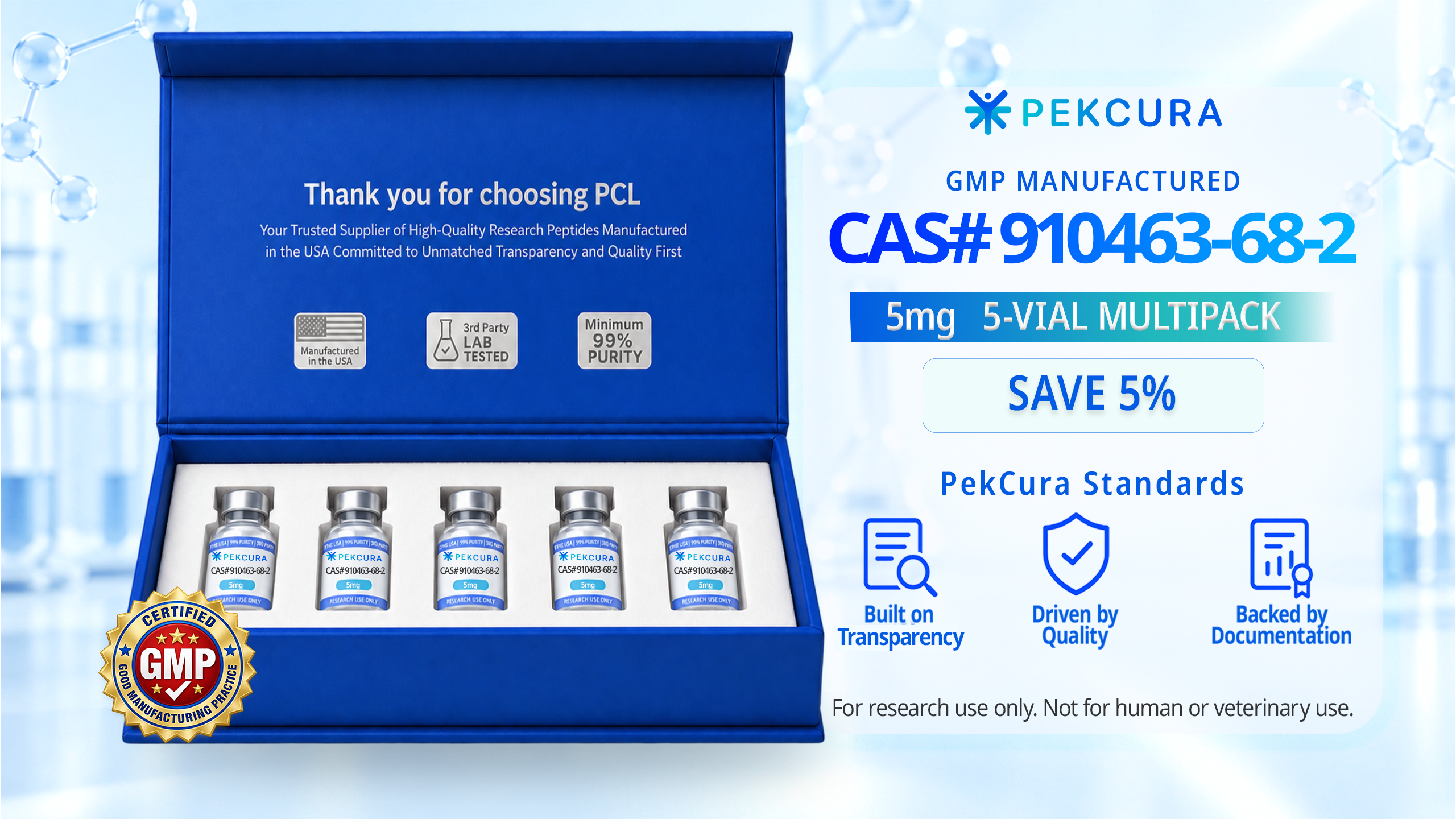 CAS # 910463-68-2 5mg GMP manufactured research peptide 5 pack with product label
